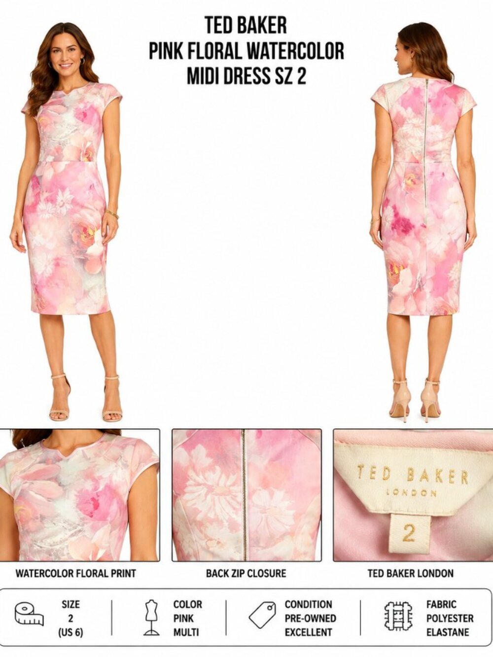 TED BAKER PINK FLORAL WATERCOLOR MIDI DRESS SZ 2 / US 6
